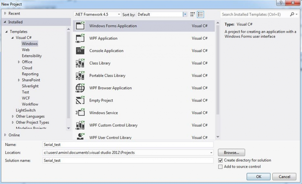 تصویر (2) تنظیم مشخصات پروژه جدید در محیط Visual Studio 2012